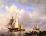 Vessels At Anchor In Estuary With Fisherman - 约翰内斯·赫曼努斯·库库克